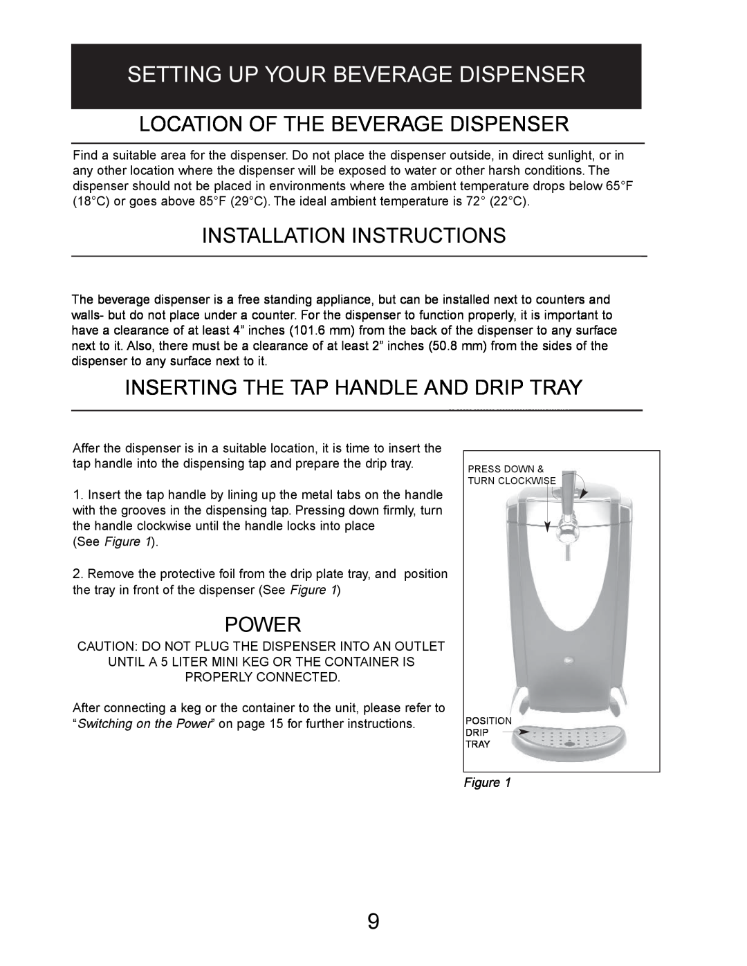 Danby DBD5L Location Of The Beverage Dispenser, Installation Instructions, Inserting The Tap Handle And Drip Tray, Power 
