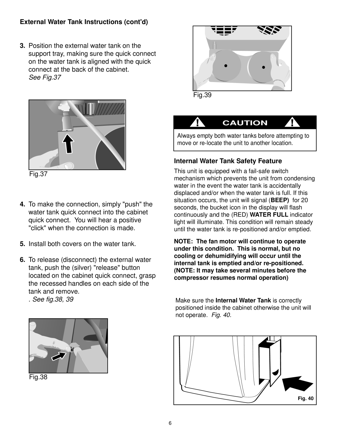 Danby DCAP 12030, DPAC9030 manual External Water Tank Instructions contd, Internal Water Tank Safety Feature 