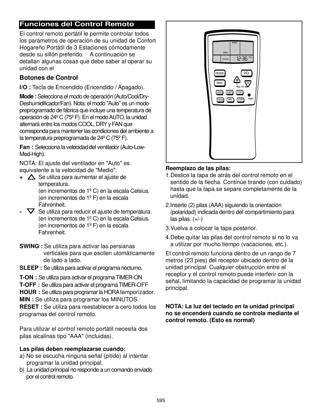 Danby DPAC9030, DCAP 12030 manual Funciones del Control Remoto, Botones de Control, Tecla de Encendido Encendido / Apagado 