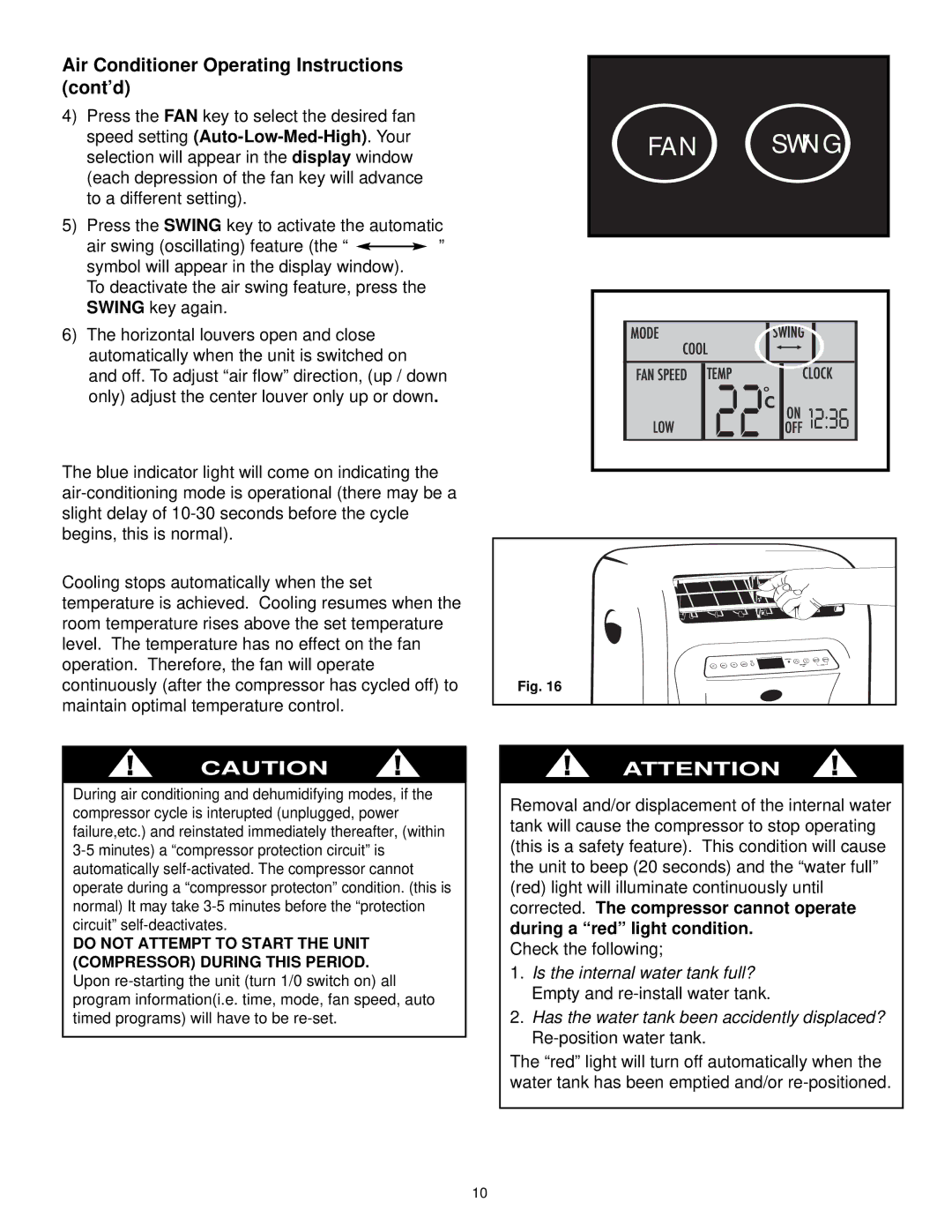 Danby DCAP 12030, DPAC9030 manual FAN Swing, Air Conditioner Operating Instructions cont’d 