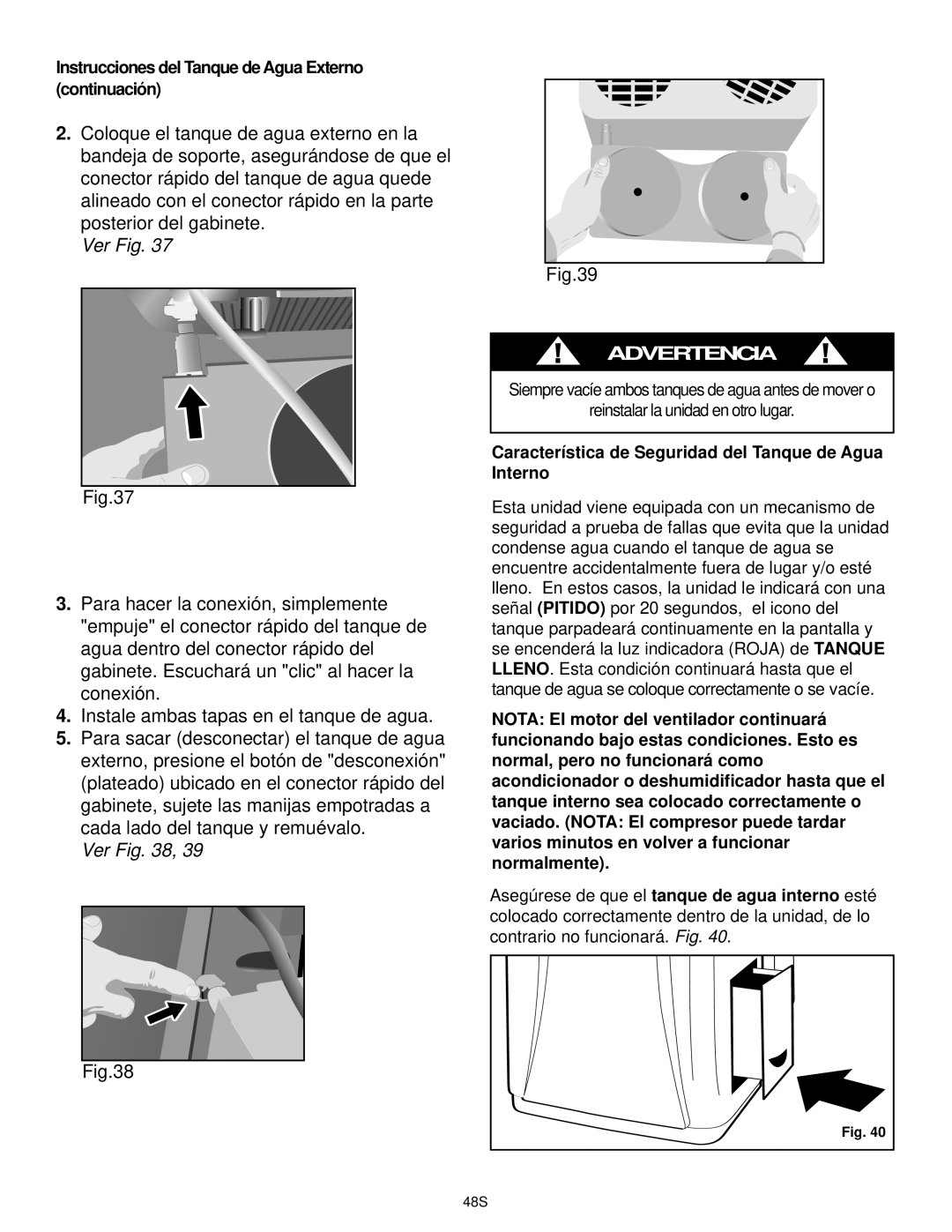 Danby DCAP 12030, DPAC9030 manual Instrucciones del Tanque de Agua Externo continuación 