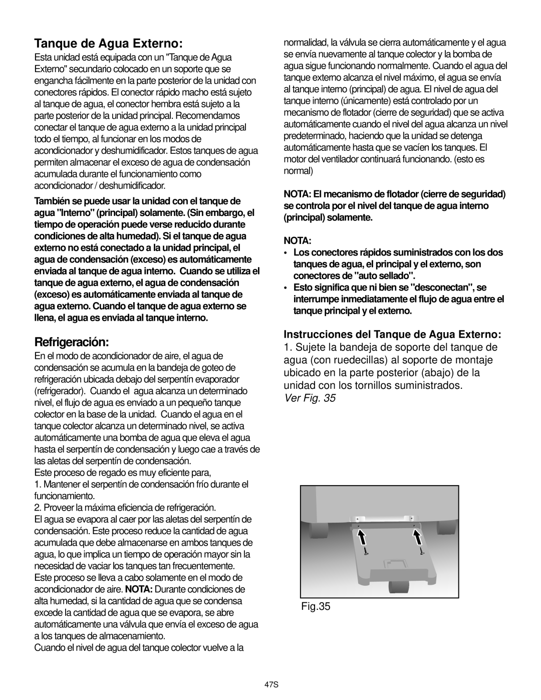 Danby DPAC9030 manual Instrucciones del Tanque de Agua Externo, Cuando el nivel de agua del tanque colector vuelve a la 