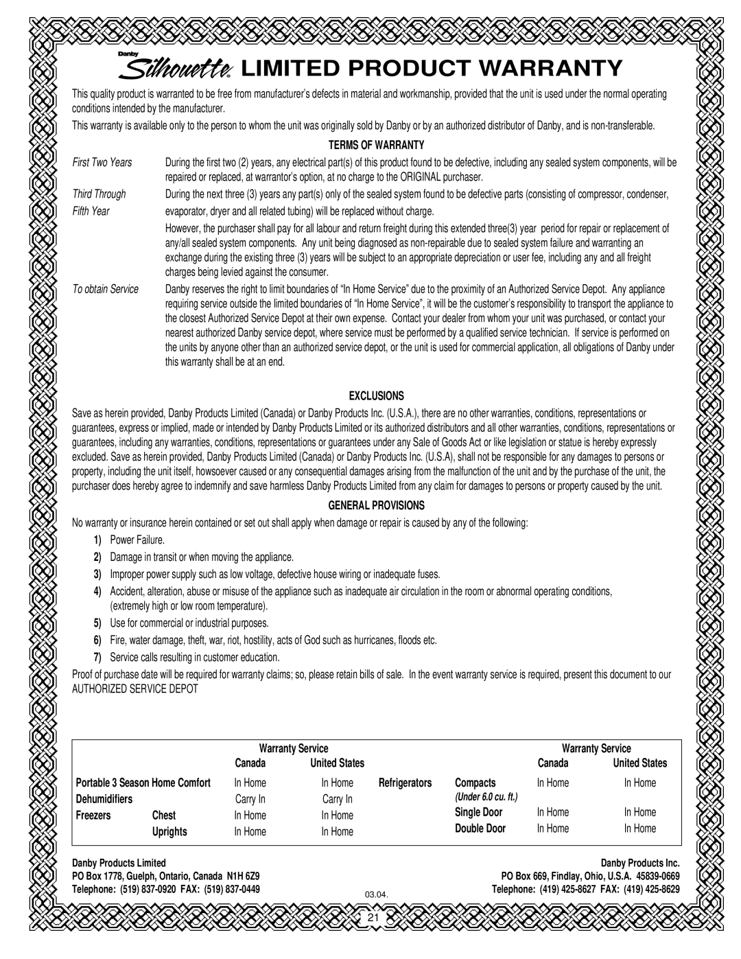 Danby DPAC9030, DCAP 12030 manual Limited Product Warranty 