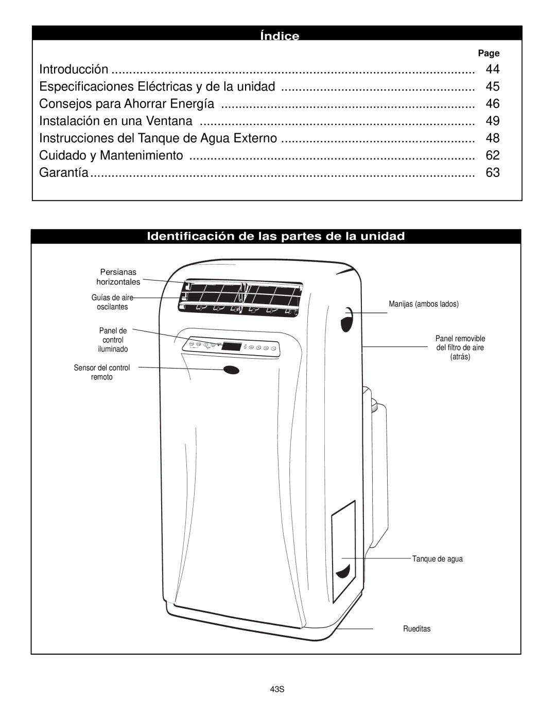 Danby DPAC9030, DCAP 12030 manual Índice, Identificación de las partes de la unidad 