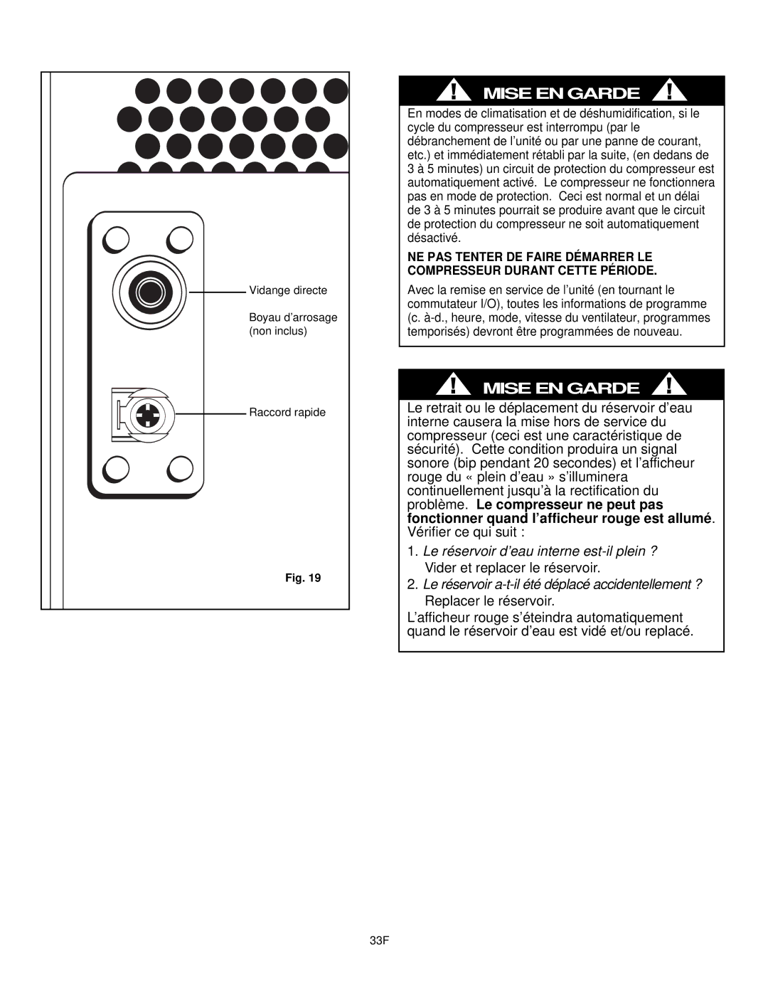 Danby DPAC9030, DCAP 12030 manual Vidange directe 