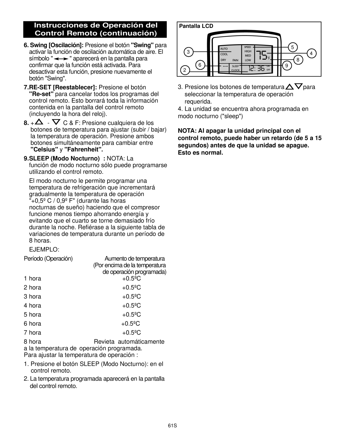 Danby DPAC9030 manual Instrucciones de Operación del Control Remoto continuación, Sleep Modo Nocturno Nota La, Hora +0.5ºC 