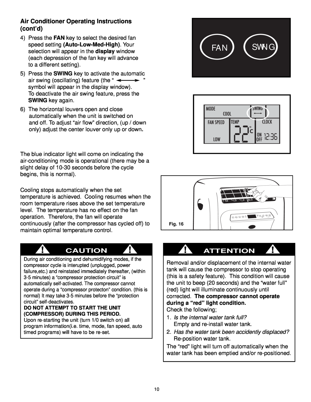 Danby DCAP 12030, DPAC9030 manual Fan Swing, Air Conditioner Operating Instructions cont’d 