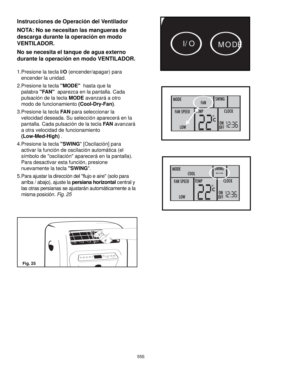 Danby DPAC9030, DCAP 12030 manual I/O Mode, Instrucciones de Operación del Ventilador 