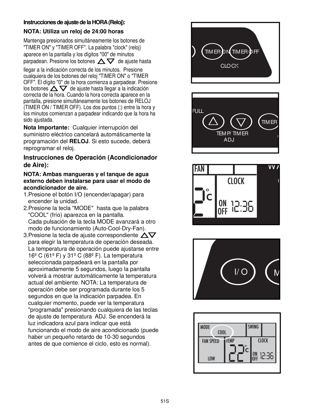 Danby DPAC9030 Instrucciones de ajuste de la HORA Reloj, NOTA: Utiliza un reloj de 24:00 horas, acondicionador de aire 