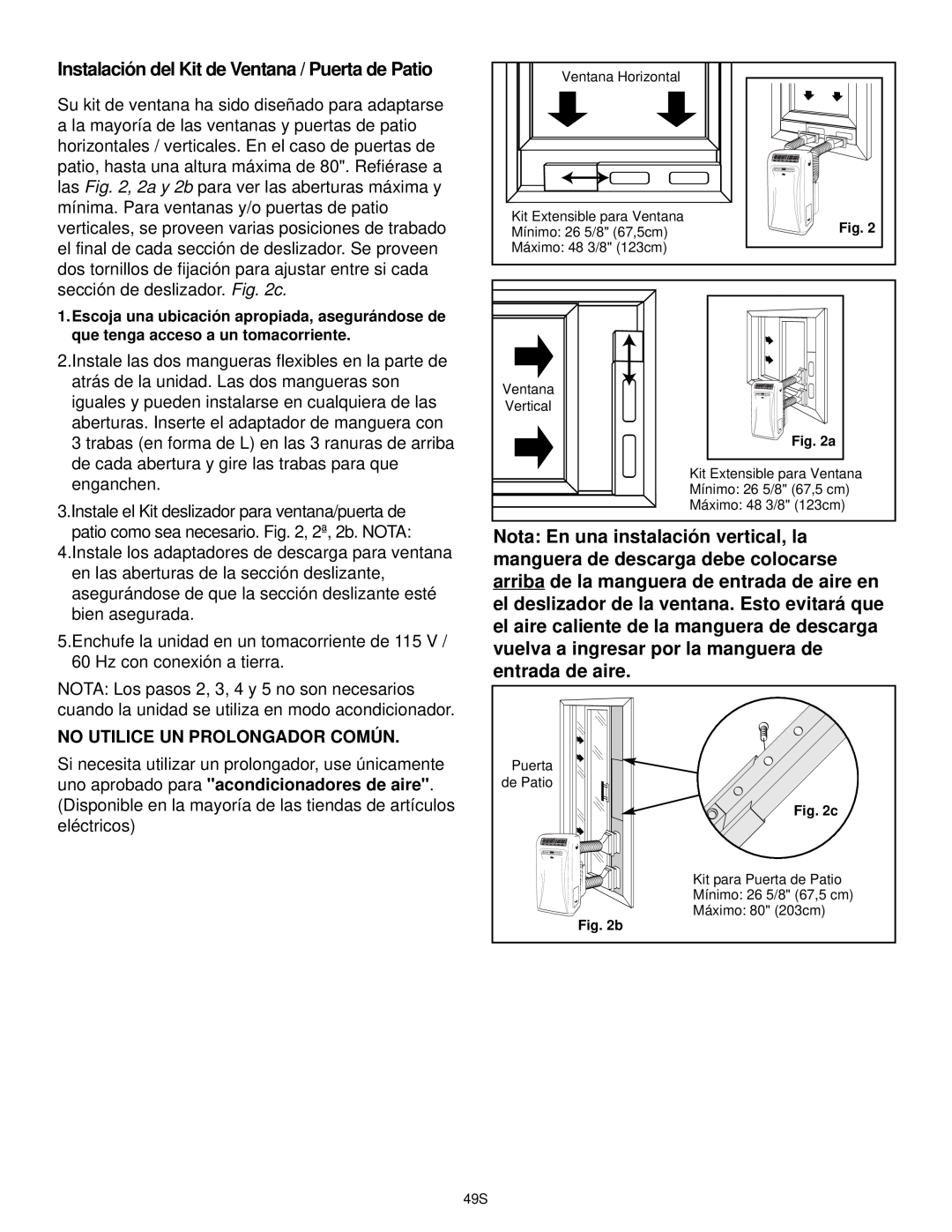 Danby DPAC9030, DCAP 12030 manual Instalación del Kit de Ventana / Puerta de Patio, No Utilice Un Prolongador Común 