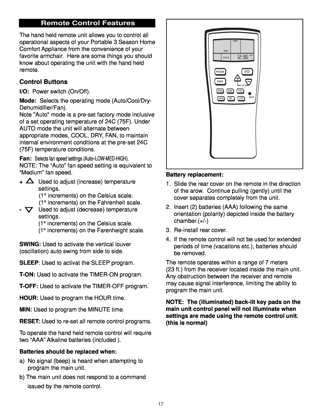 Danby DPAC9030 manual Remote Control Features, Control Buttons, Batteries should be replaced when, Battery replacement 