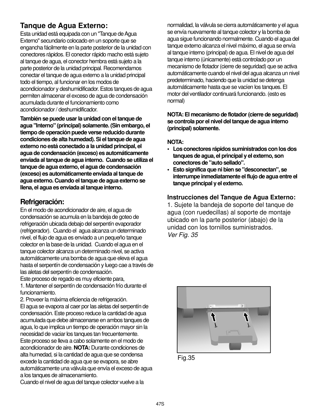 Danby DPAC9030, DCAP 12030 manual Refrigeración, Instrucciones del Tanque de Agua Externo, Ver Fig, Nota 