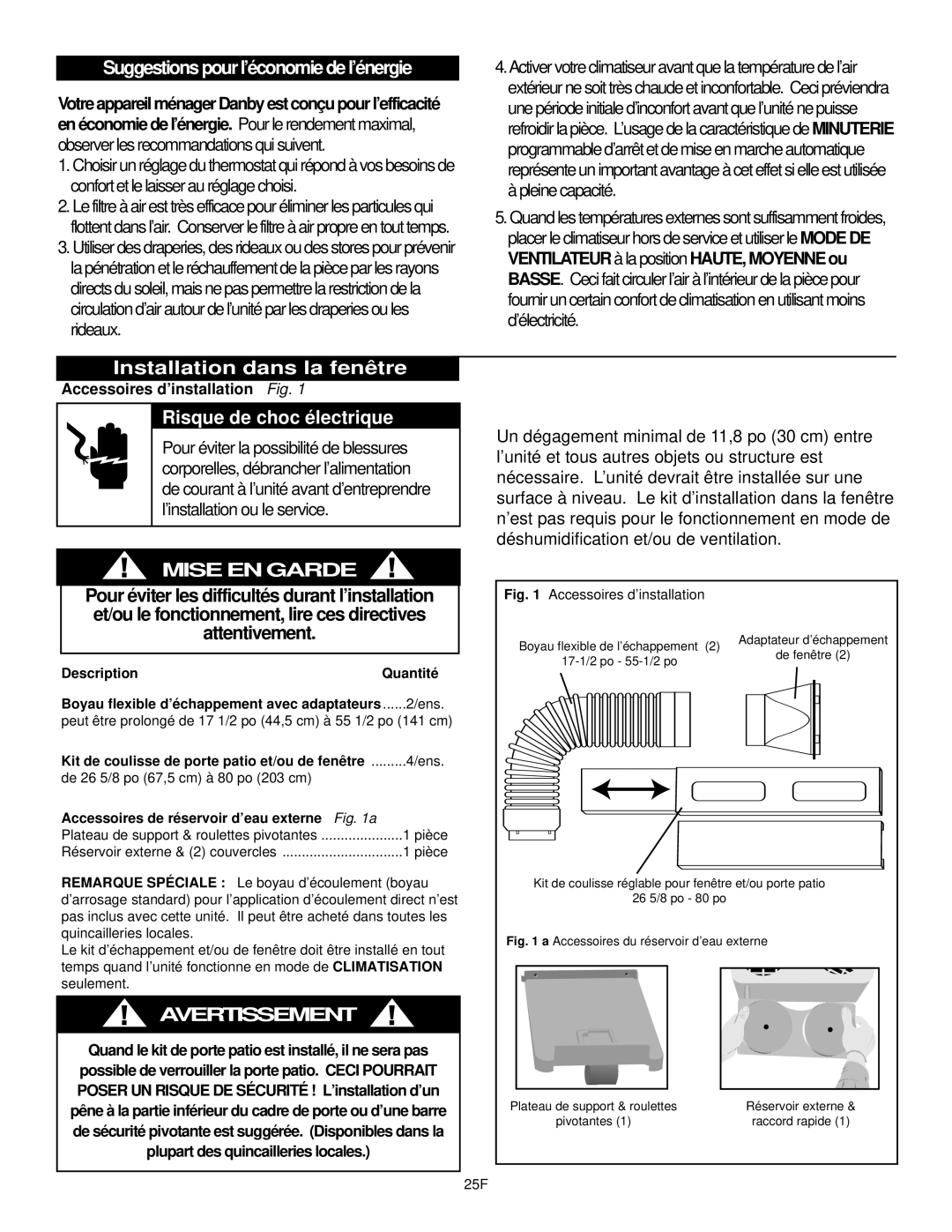 Danby DPAC9030 manual Suggestions pour l’économie de l’énergie, Installation dans la fenêtre, Risque de choc électrique 