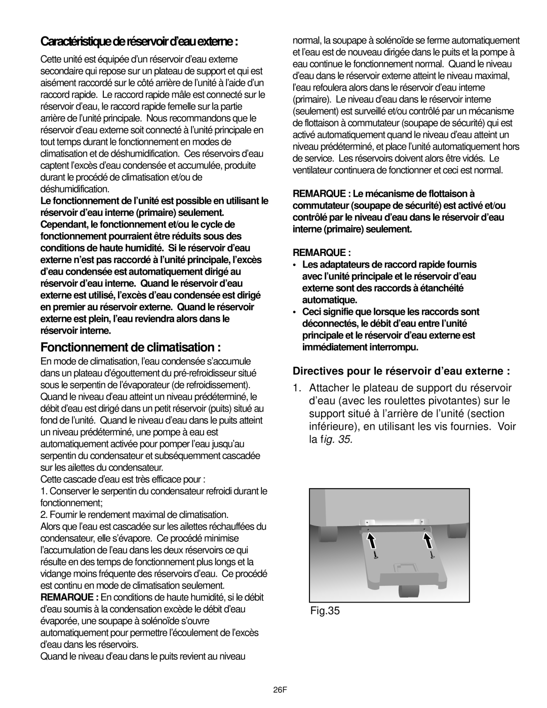 Danby DCAP 12030, DPAC9030 manual Fonctionnement de climatisation, Caractéristiquederéservoird’eauexterne, Remarque 