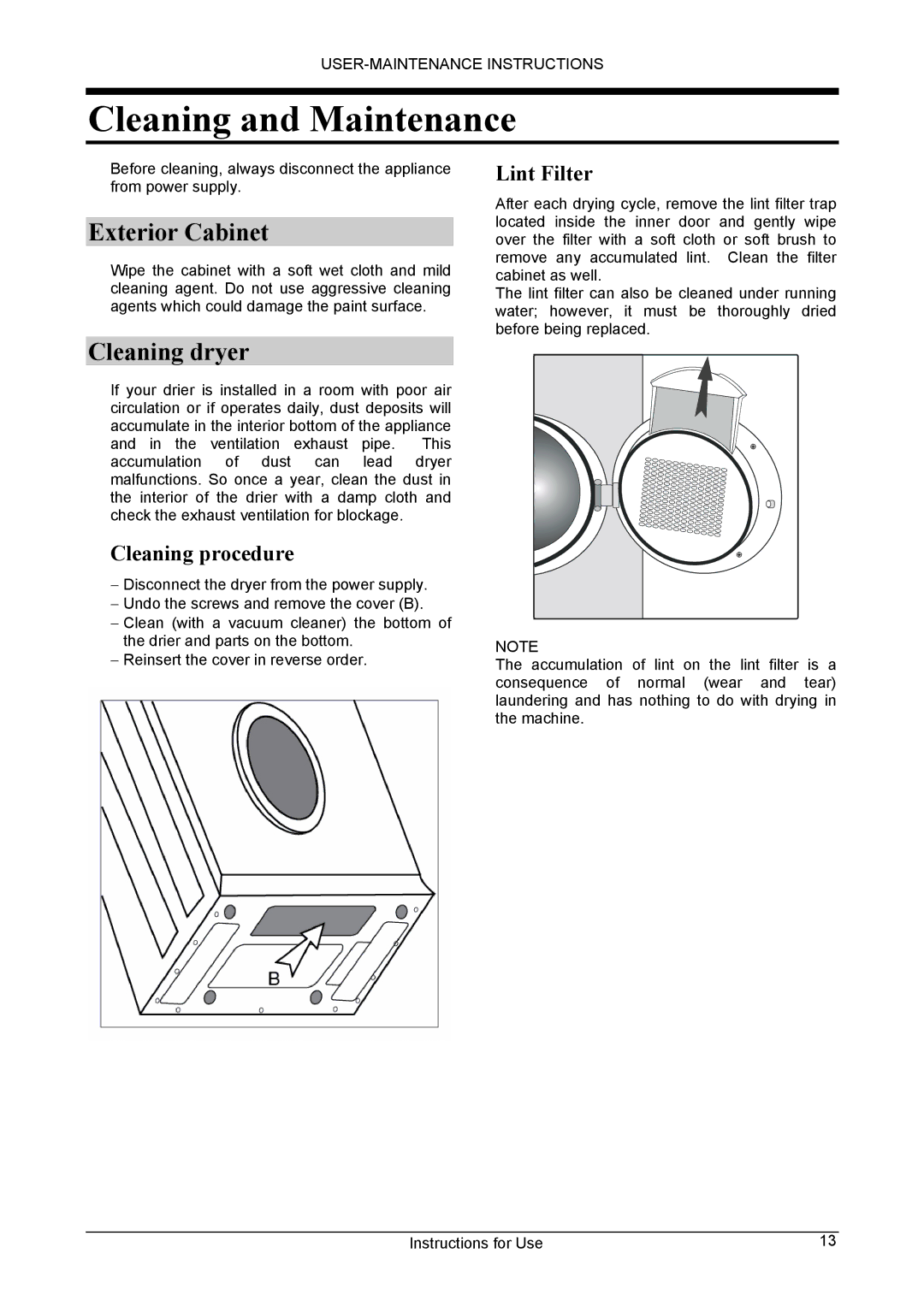 Danby DCD5505W-1 Cleaning and Maintenance, Exterior Cabinet, Cleaning dryer, Cleaning procedure, Lint Filter 