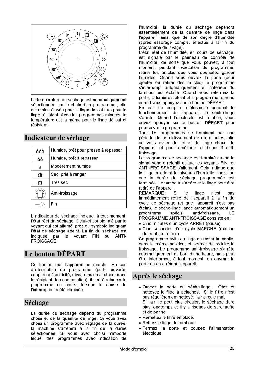 Danby DCD5505W-1 manuel dutilisation Indicateur de séchage, Le bouton Départ, Après le séchage, Froissage 