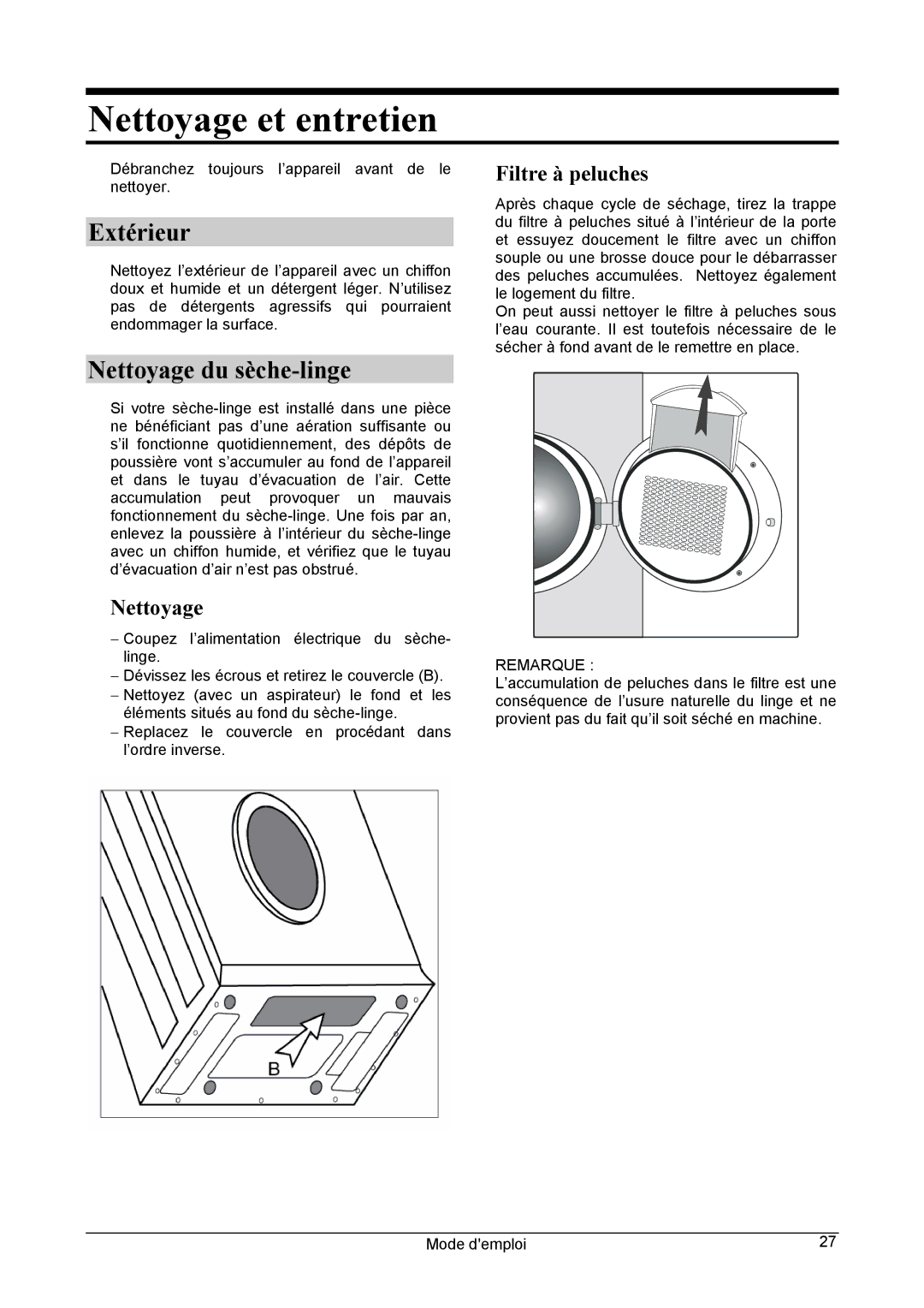 Danby DCD5505W-1 manuel dutilisation Nettoyage et entretien, Extérieur, Nettoyage du sèche-linge, Filtre à peluches 