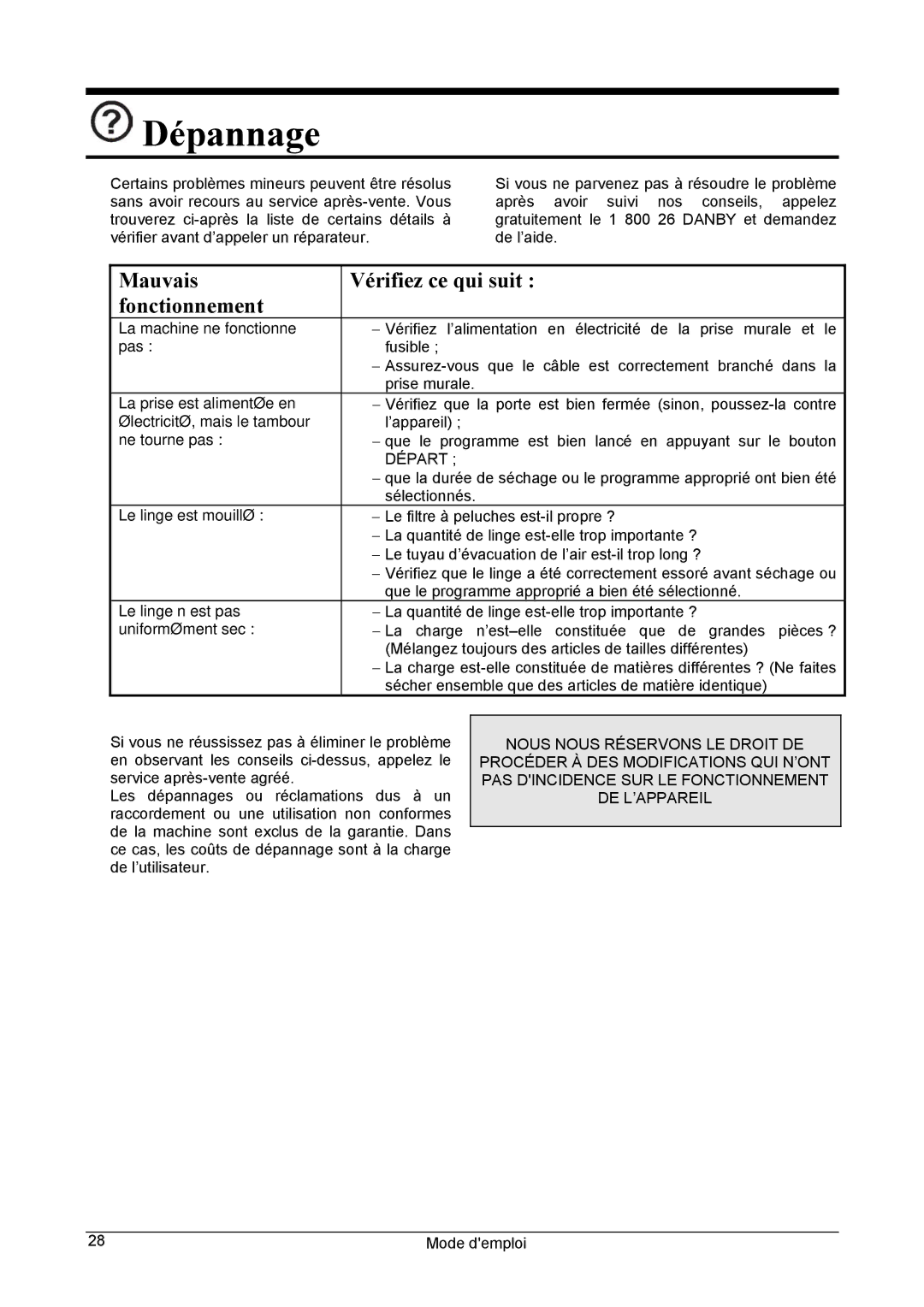 Danby DCD5505W-1 manuel dutilisation Dépannage, Mauvais Vérifiez ce qui suit Fonctionnement 