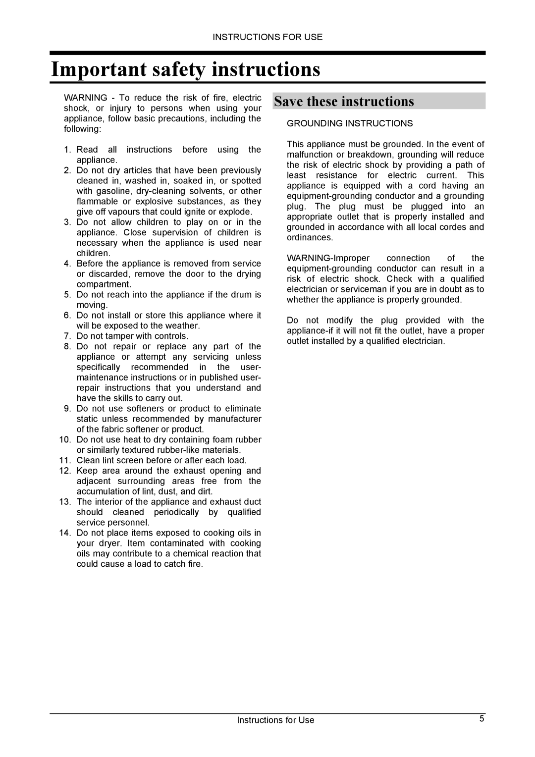 Danby DCD5505W-1 manuel dutilisation Important safety instructions, Grounding Instructions 