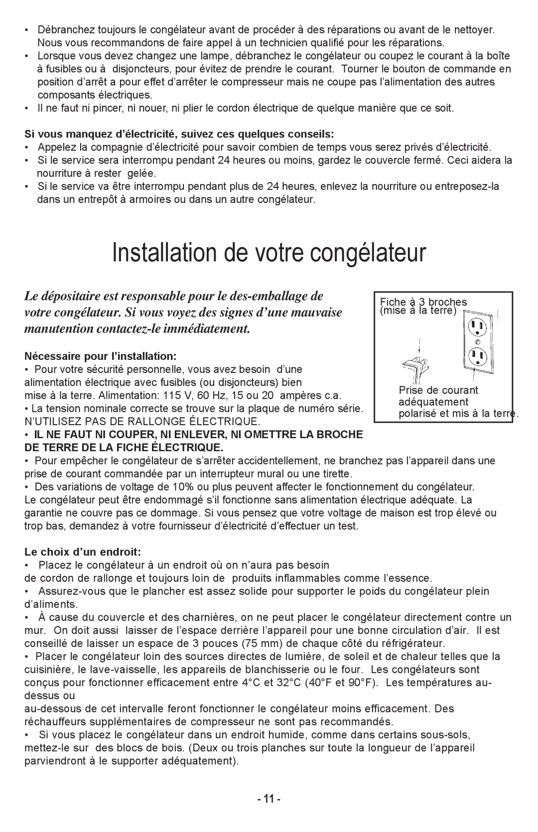 Danby DCF1014WE owner manual Installation de votre congélateur, Si vous manquez d’électricité, suivez ces quelques conseils 