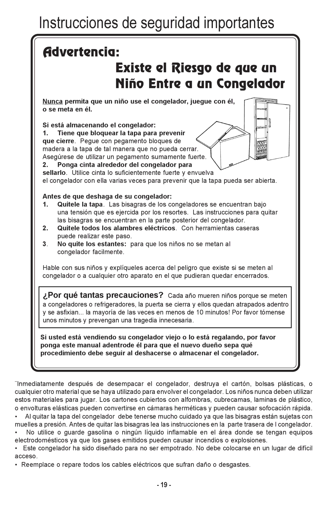 Danby DCF1014WE owner manual Instrucciones de seguridad importantes, Antes de que deshaga de su congelador 