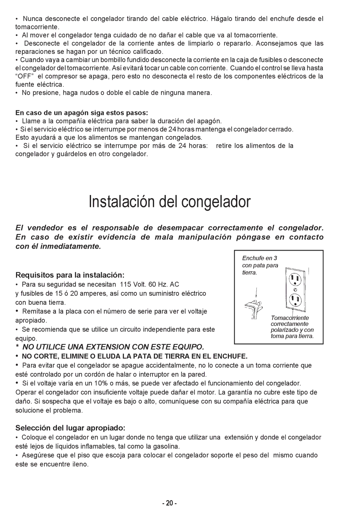 Danby DCF1014WE owner manual Instalación del congelador, Requisitos para la instalación, Selección del lugar apropiado 