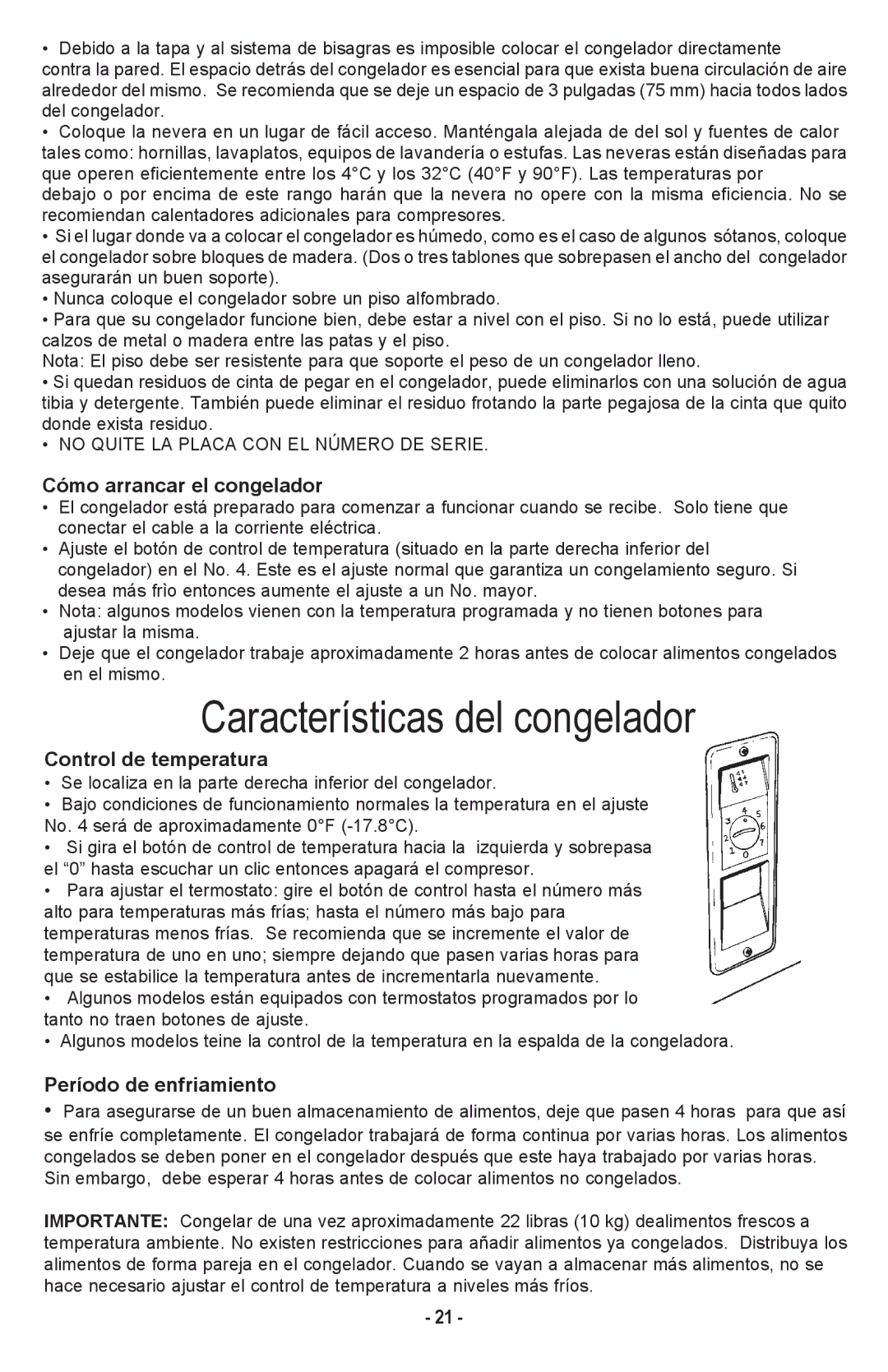 Danby DCF1014WE owner manual Características del congelador, Cómo arrancar el congelador, Control de temperatura 