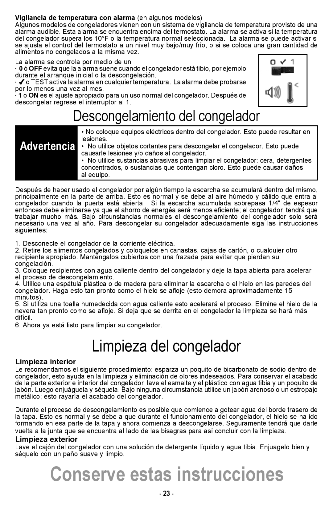 Danby DCF1014WE owner manual Limpieza del congelador, Limpieza interior, Limpieza exterior 