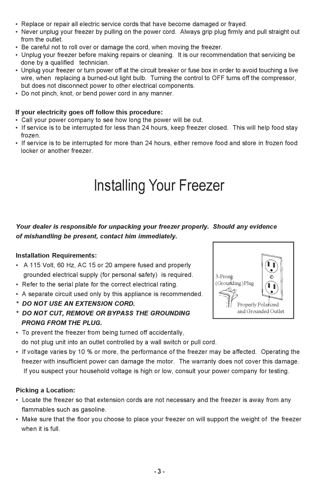 Danby DCF1014WE Installing Your Freezer, Do not USE AN Extension Cord, Do not CUT, Remove or Bypass the Grounding 