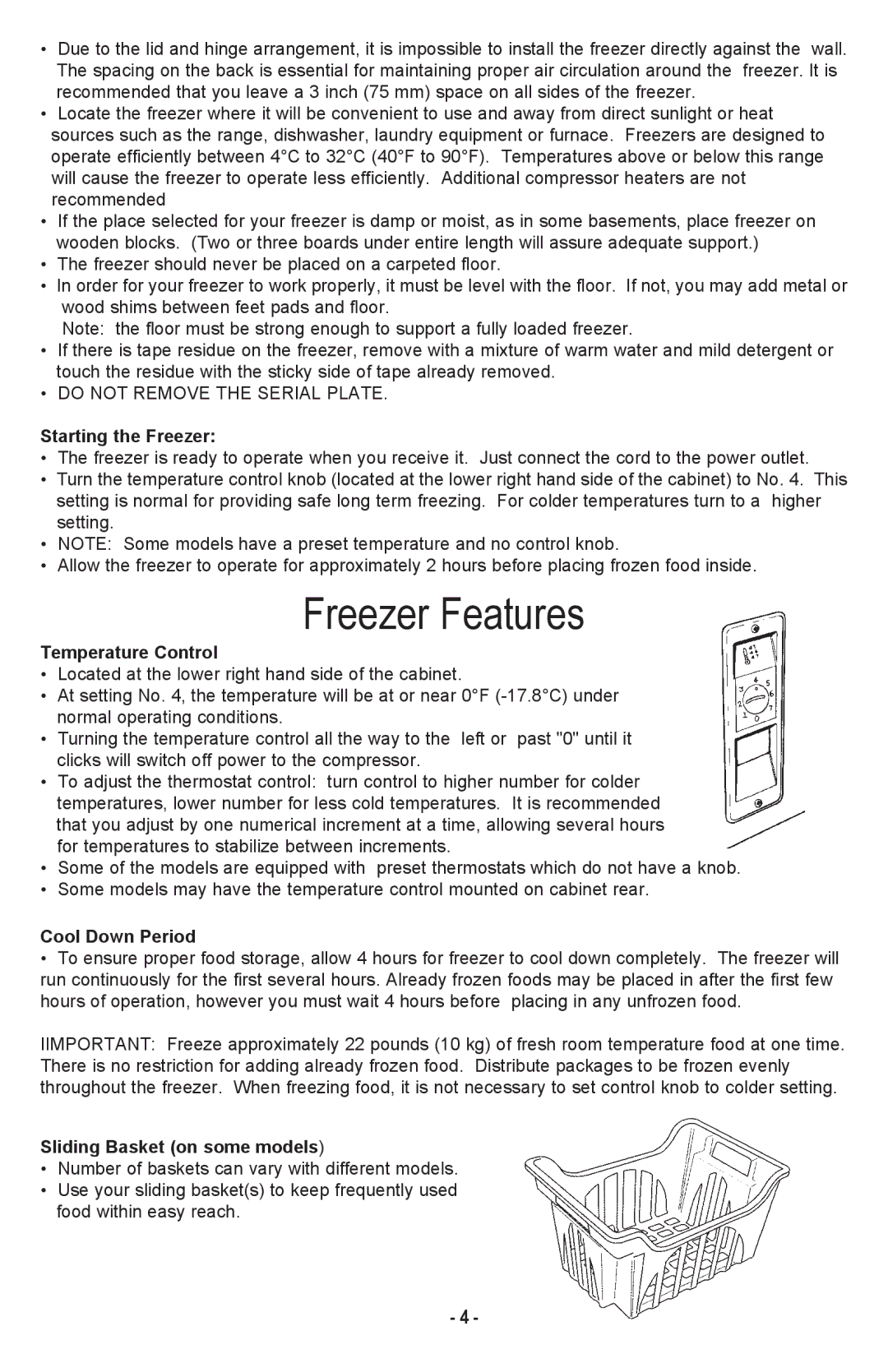 Danby DCF1014WE owner manual Freezer Features, Starting the Freezer, Temperature Control, Cool Down Period 