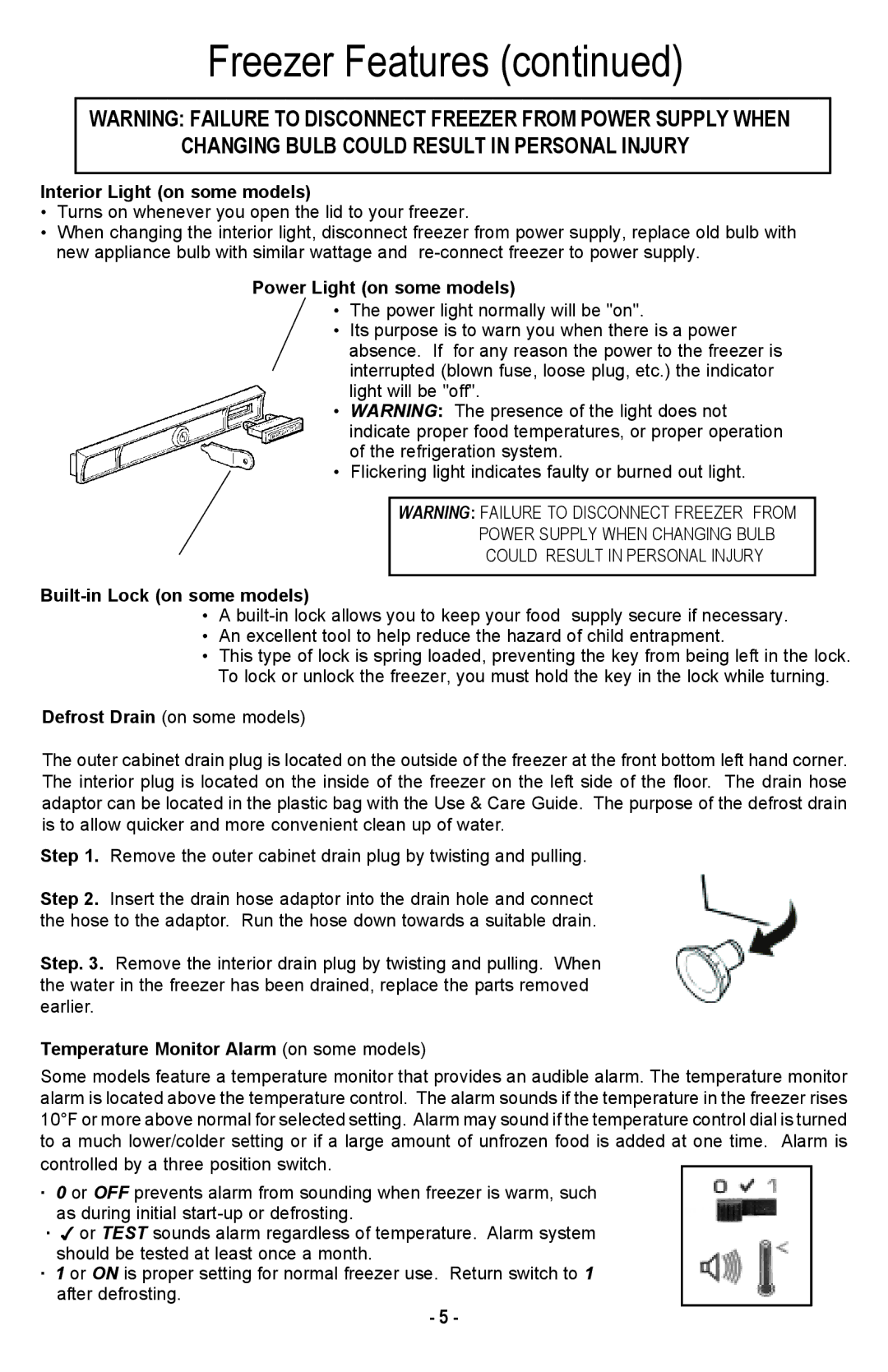 Danby DCF1014WE owner manual Interior Light on some models, Power Light on some models, Built-in Lock on some models 