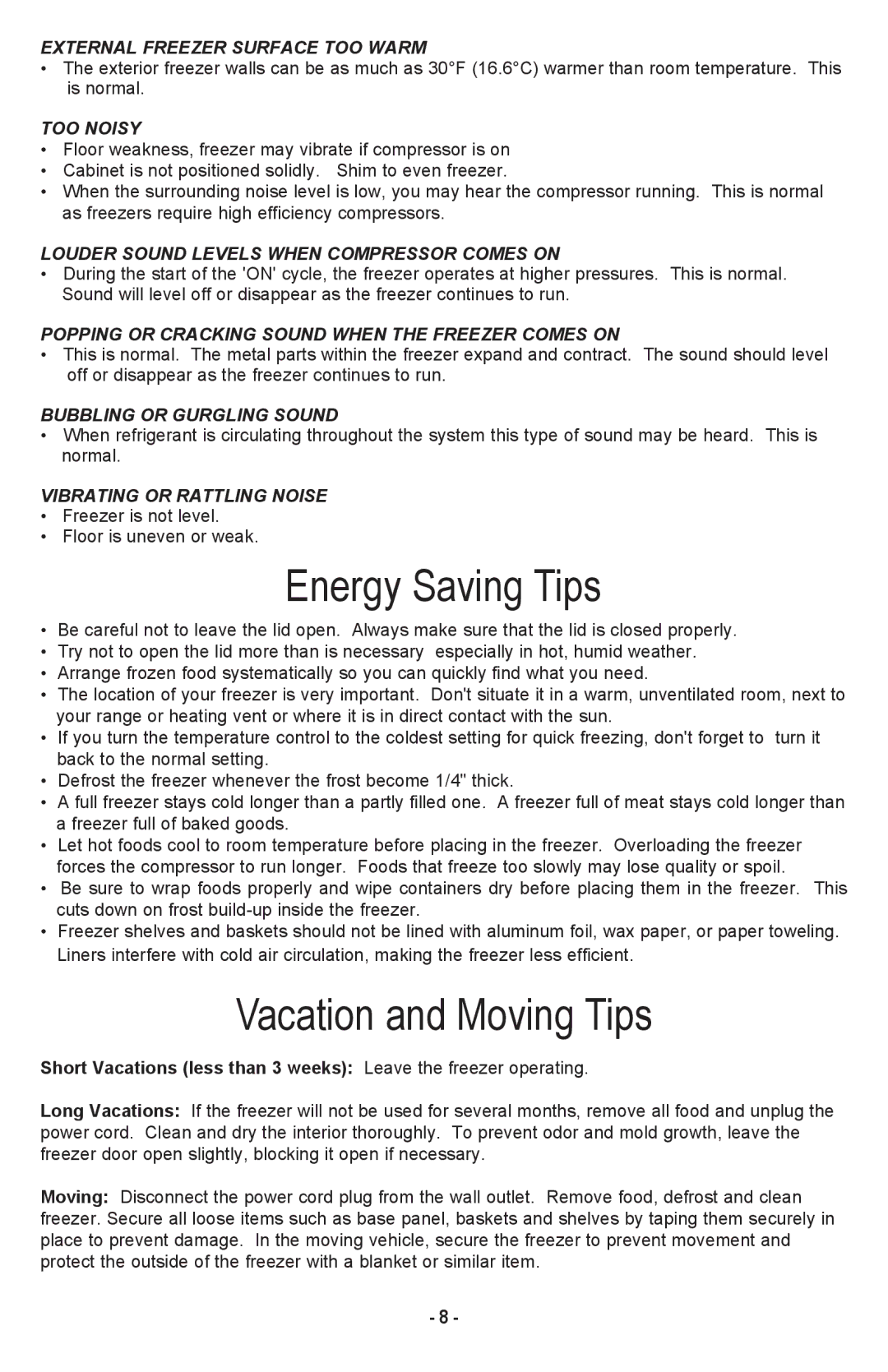 Danby DCF1014WE owner manual Energy Saving Tips, Vacation and Moving Tips 