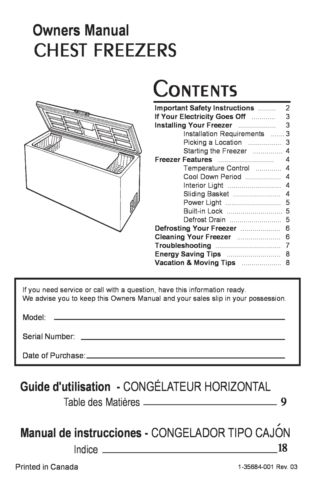 Danby DCF1014WE owner manual Chest Freezers, Guide dutilisation - CONGÉLATEUR HORIZONTAL, Table des Matières, Indice 