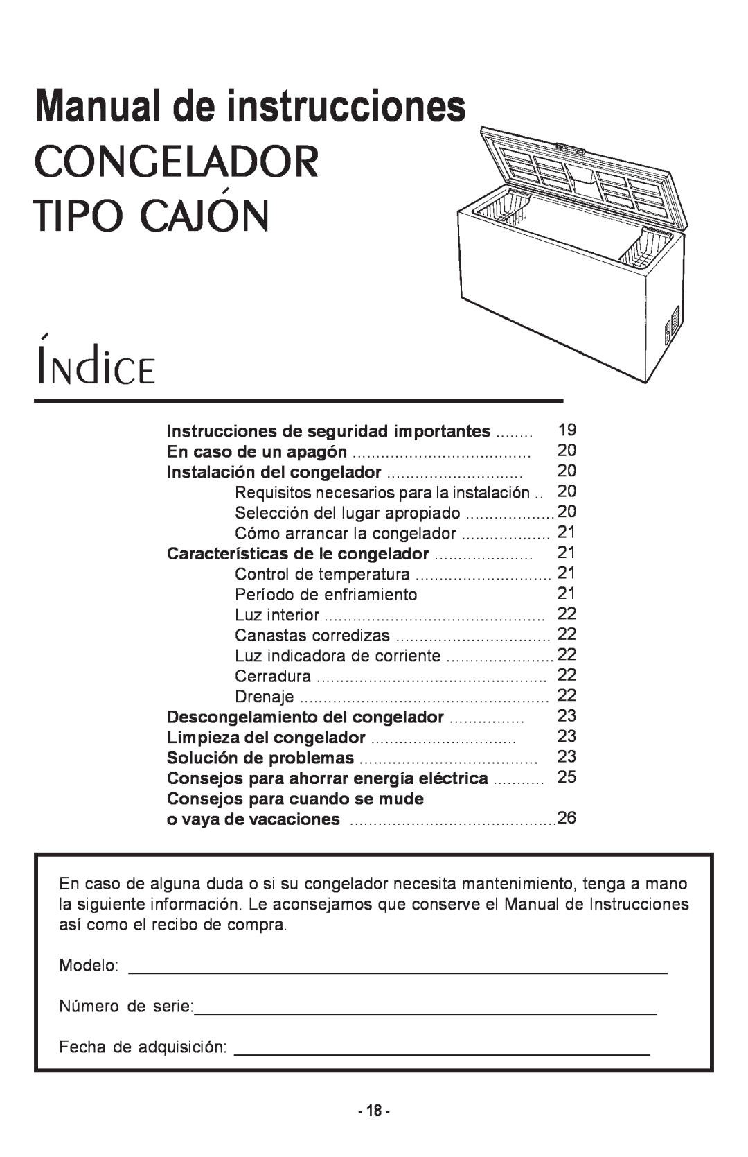 Danby DCF1014WE owner manual Manual de instrucciones CONGELADOR TIPO CAJON, Indice, Instrucciones de seguridad importantes 