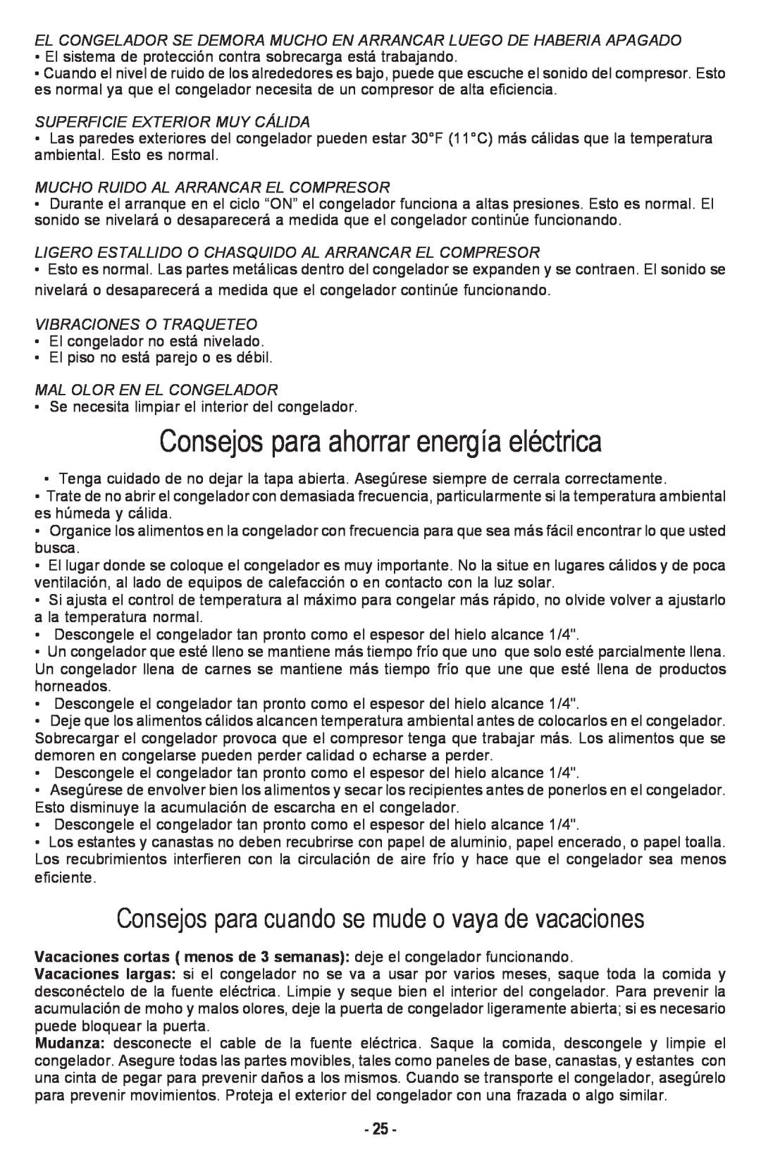 Danby DCF1014WE owner manual Consejos para ahorrar energía eléctrica, Consejos para cuando se mude o vaya de vacaciones 