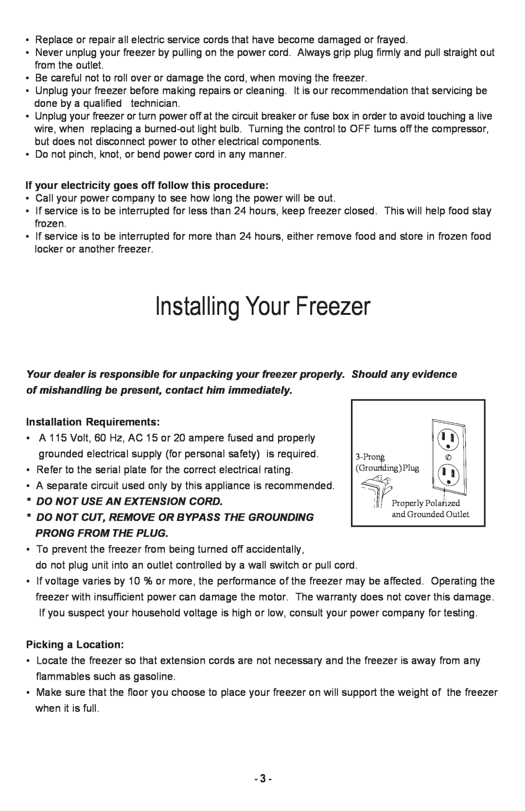 Danby DCF1014WE Installing Your Freezer, Installation Requirements, Do Not Use An Extension Cord, Prong From The Plug 