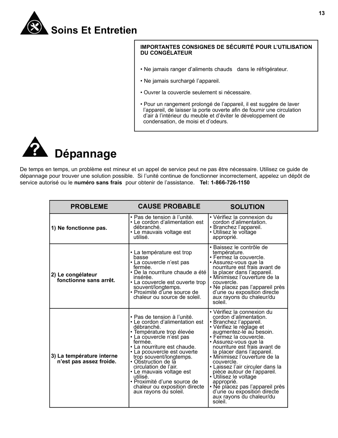 Danby DCF550W1 manual Dépannage, Probleme Cause Probable Solution 