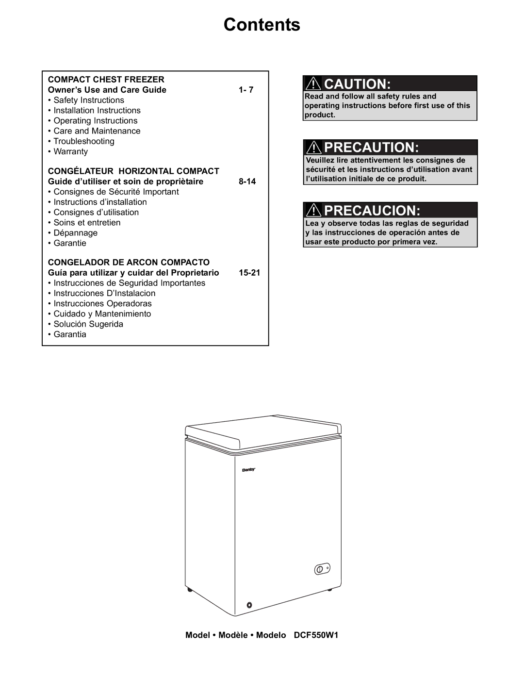 Danby DCF550W1 manual Contents 