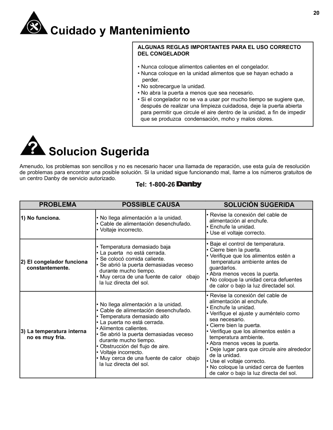 Danby DCF550W1 manual Solucion Sugerida, Problema POS Sible Causa Solución Sugerida 