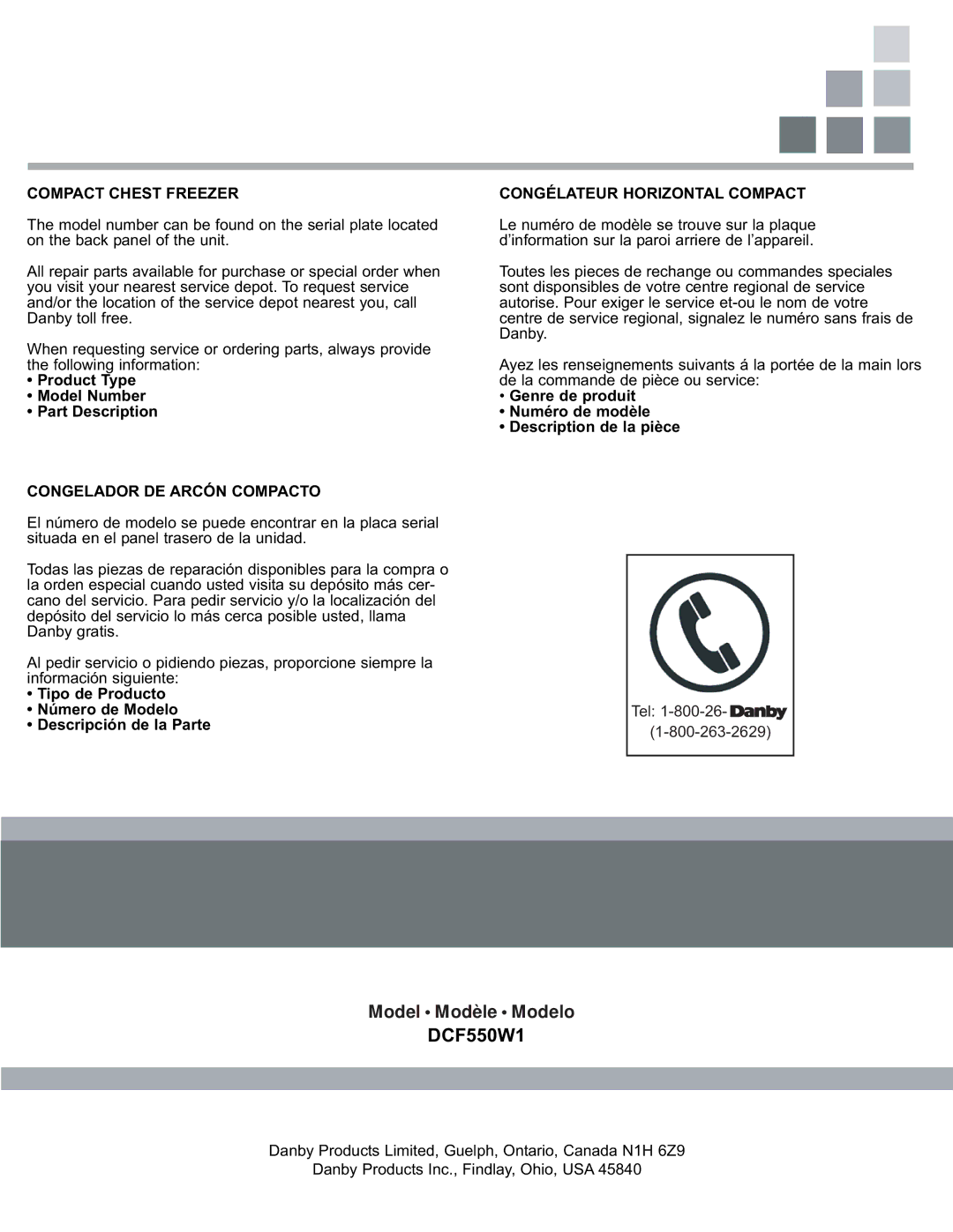 Danby DCF550W1 manual Product Type Model Number Part Description, Congelador DE Arcón Compacto 