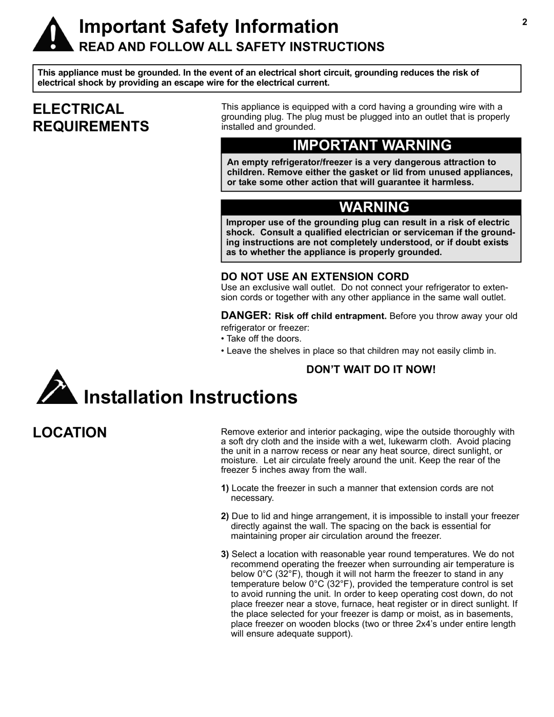 Danby DCF550W1 manual Important Safety Information, Installation Instructions, Electrical Requirements, Important Warning 