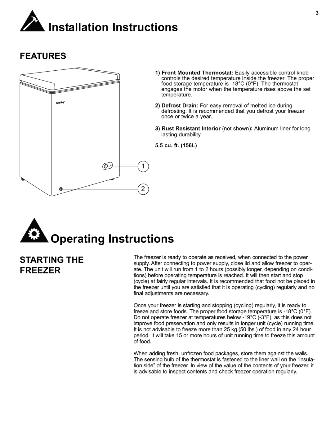 Danby DCF550W1 manual Operating Instructions, Features, Starting the Freezer, Cu. ft L 