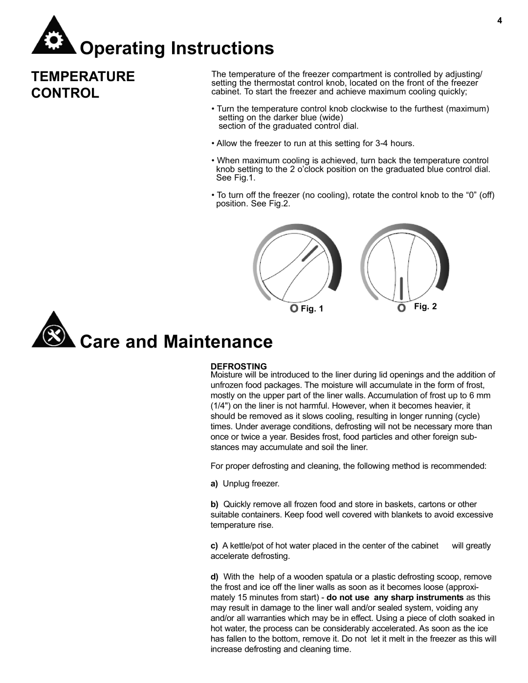 Danby DCF550W1 manual Care and Maintenance, Temperature Control, Defrosting 