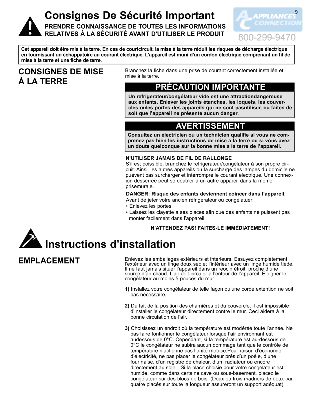 Danby DCF550W1 manual Consignes De Sécurité Important, Instructions d’installation, Précaution Importante, Avertissement 