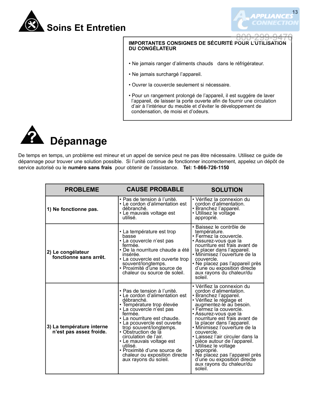 Danby DCF550W1 manual Dépannage, Probleme Cause Probable Solution 