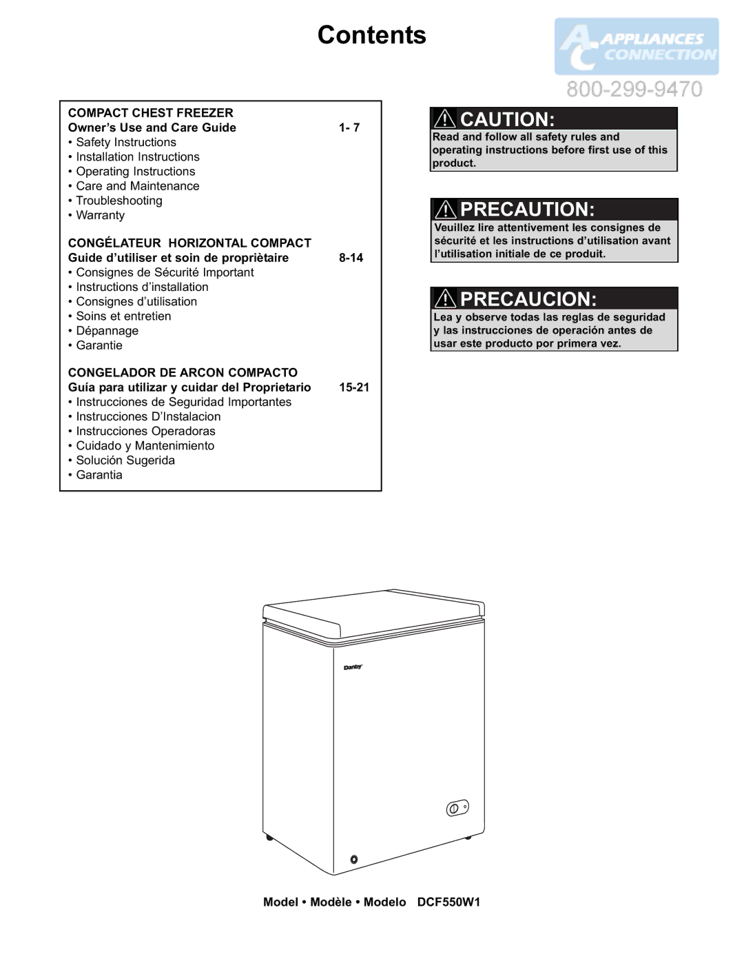 Danby DCF550W1 manual Contents 