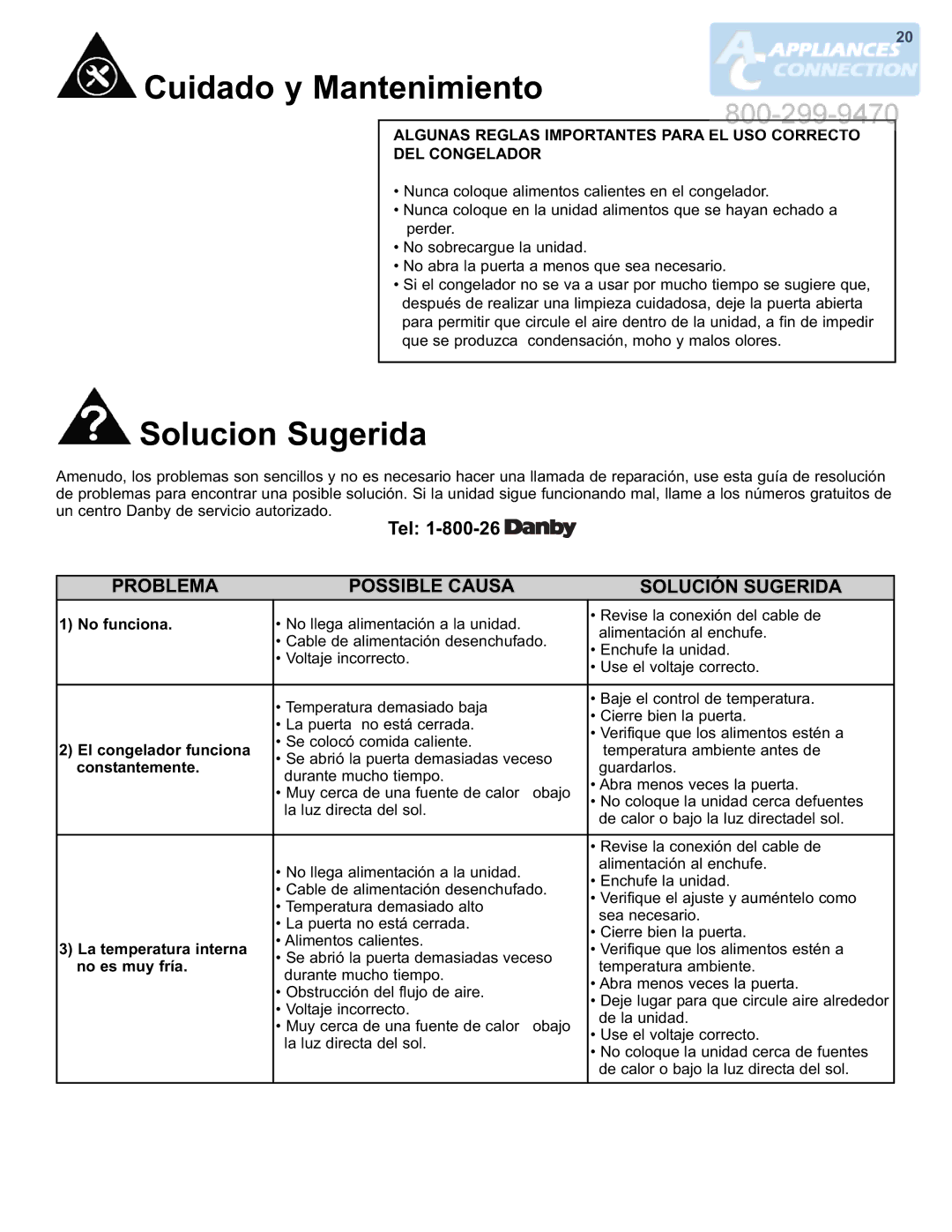 Danby DCF550W1 manual Solucion Sugerida, Problema POS Sible Causa Solución Sugerida 