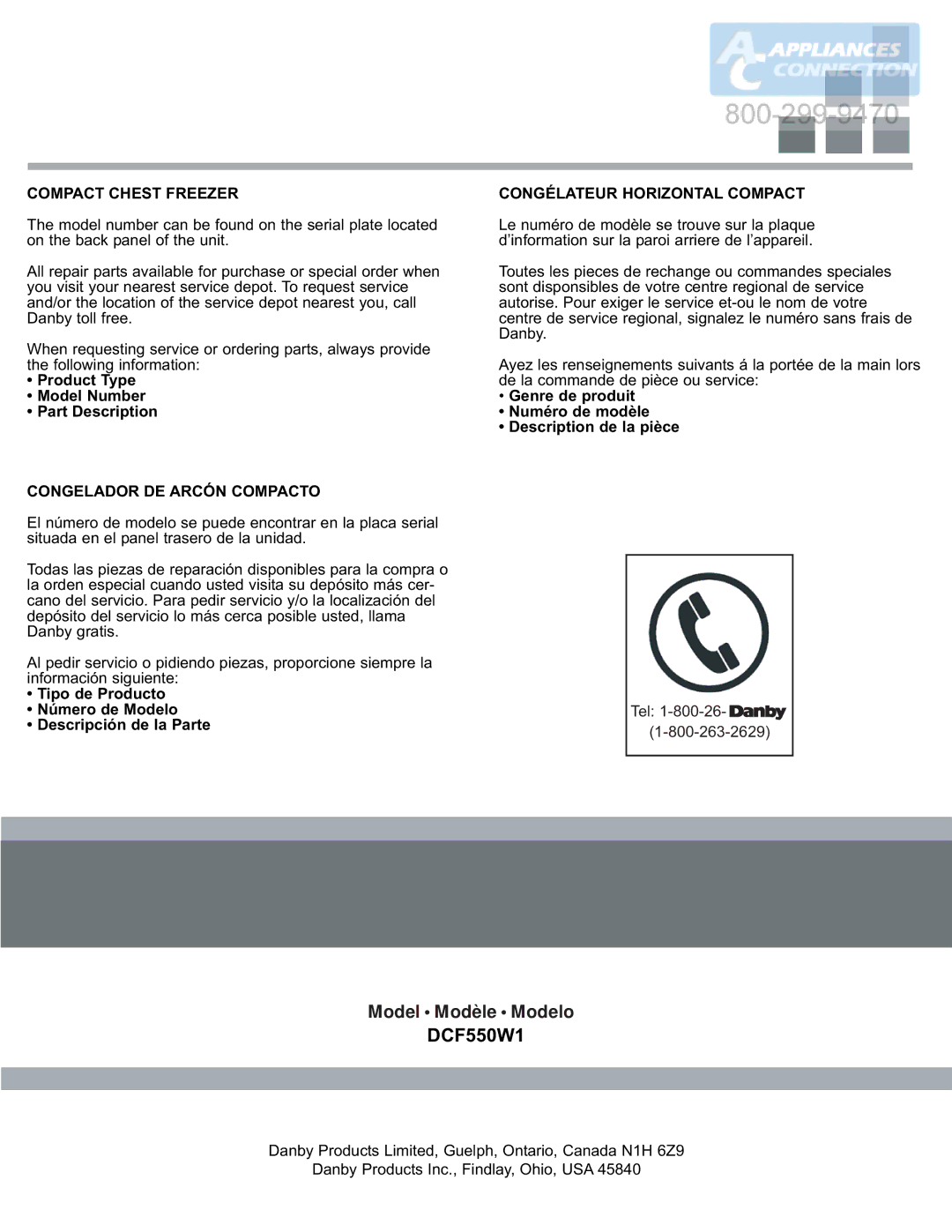 Danby DCF550W1 manual Product Type Model Number Part Description, Congelador DE Arcón Compacto 