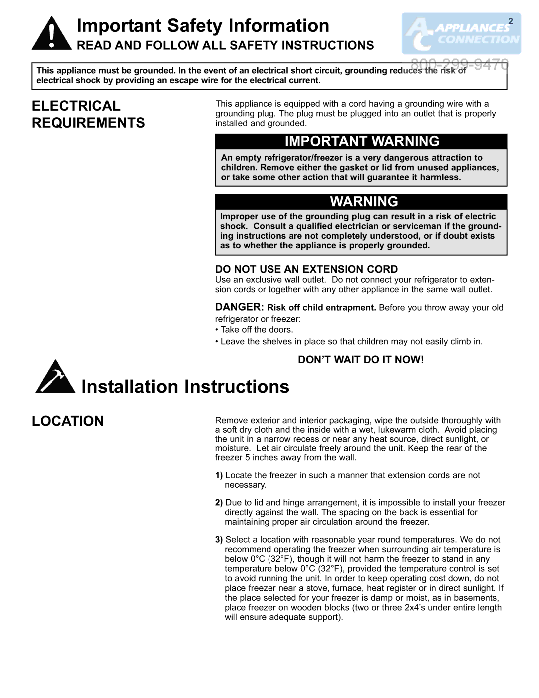 Danby DCF550W1 manual Important Safety Information, Installation Instructions, Electrical Requirements, Important Warning 