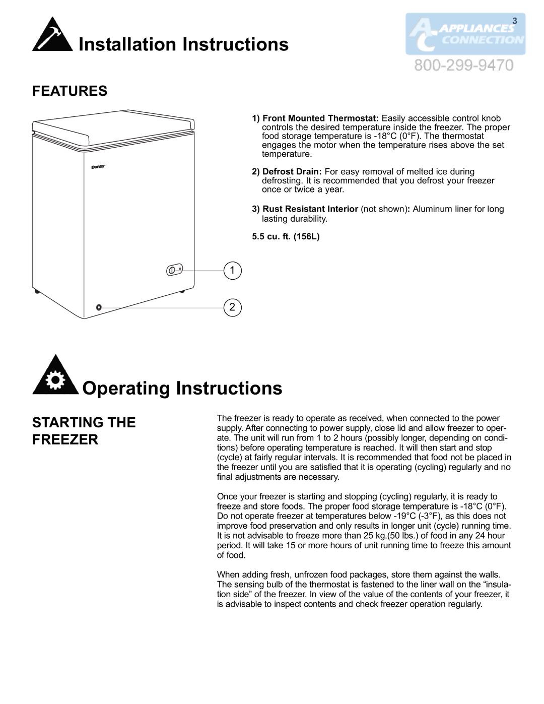 Danby DCF550W1 manual Operating Instructions, Features, Starting the Freezer, Cu. ft L 